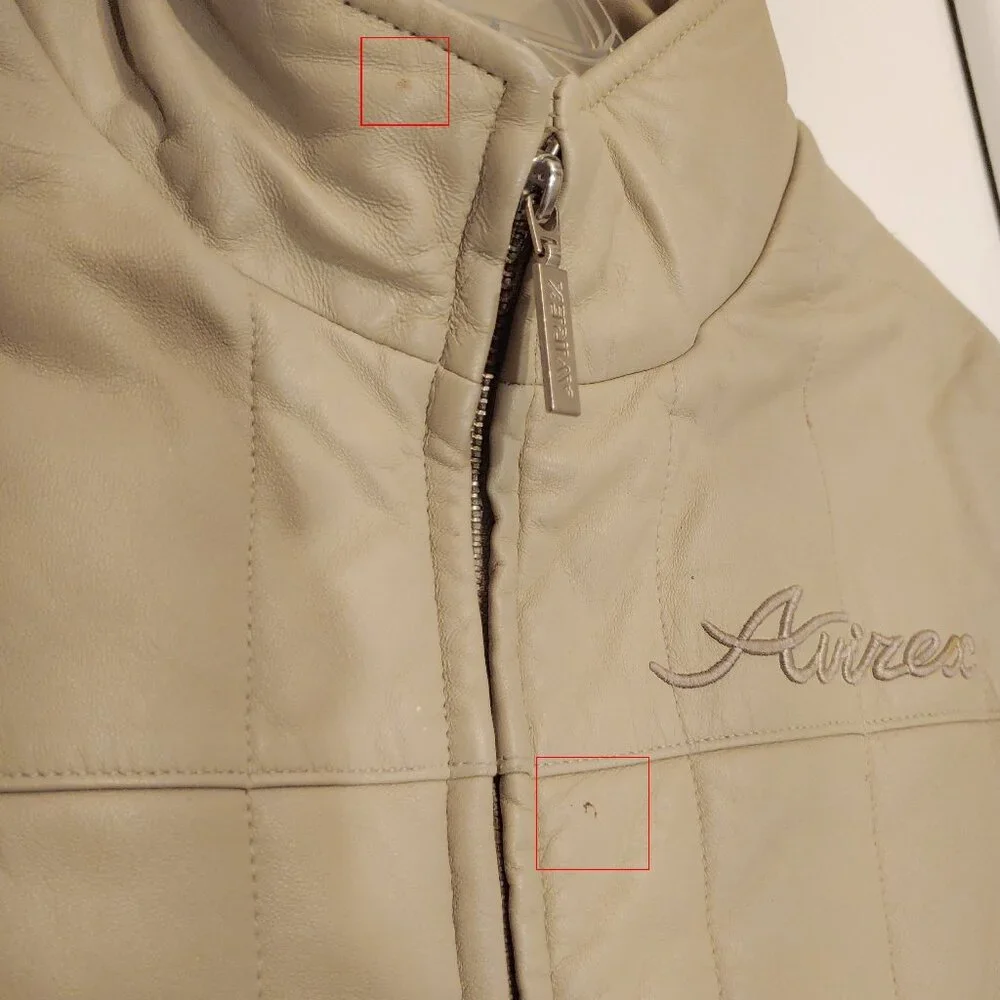 Avirex Leather Long Coat Quilted Beige High Neck Vintage 90s Minimal Jacket - Picture 11 of 13